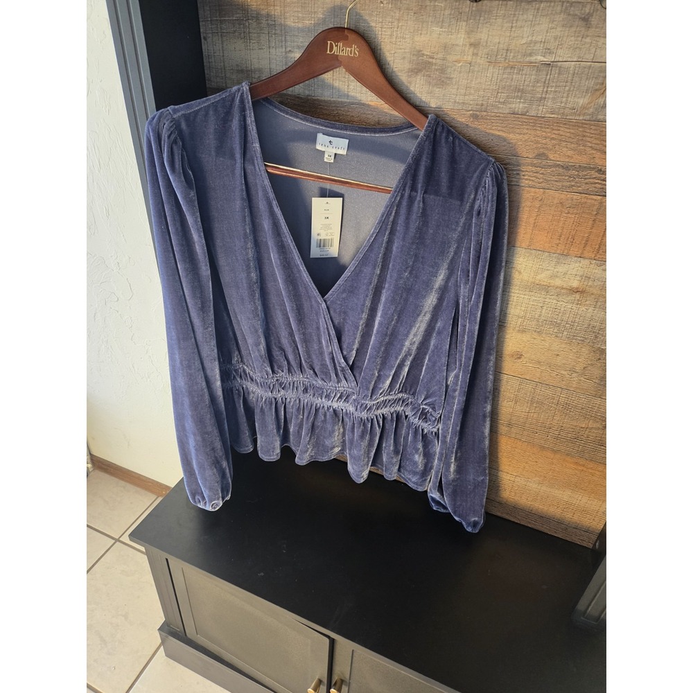 True Craft Plus 3X Blue Velvet V-Neck Long Sleeve Ruffle Pullover Blouse